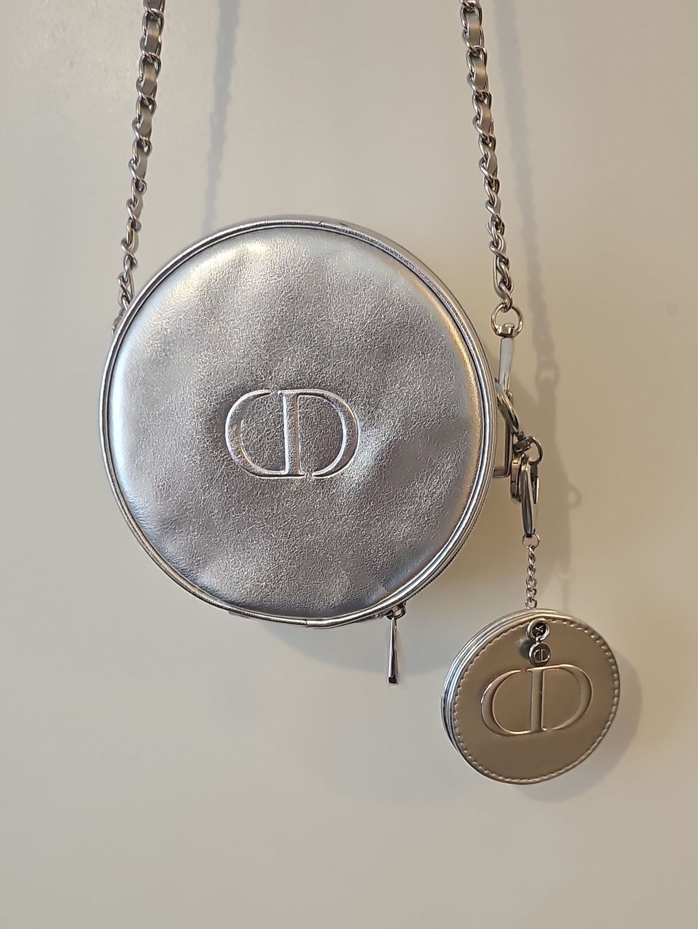DIOR Silver Round Pouch With Silver DIOR mirror On Chain